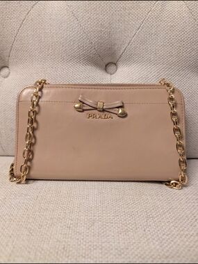 Authentic Prada Leather Bow Zip Around Wallet With Unbranded Chain Conversion